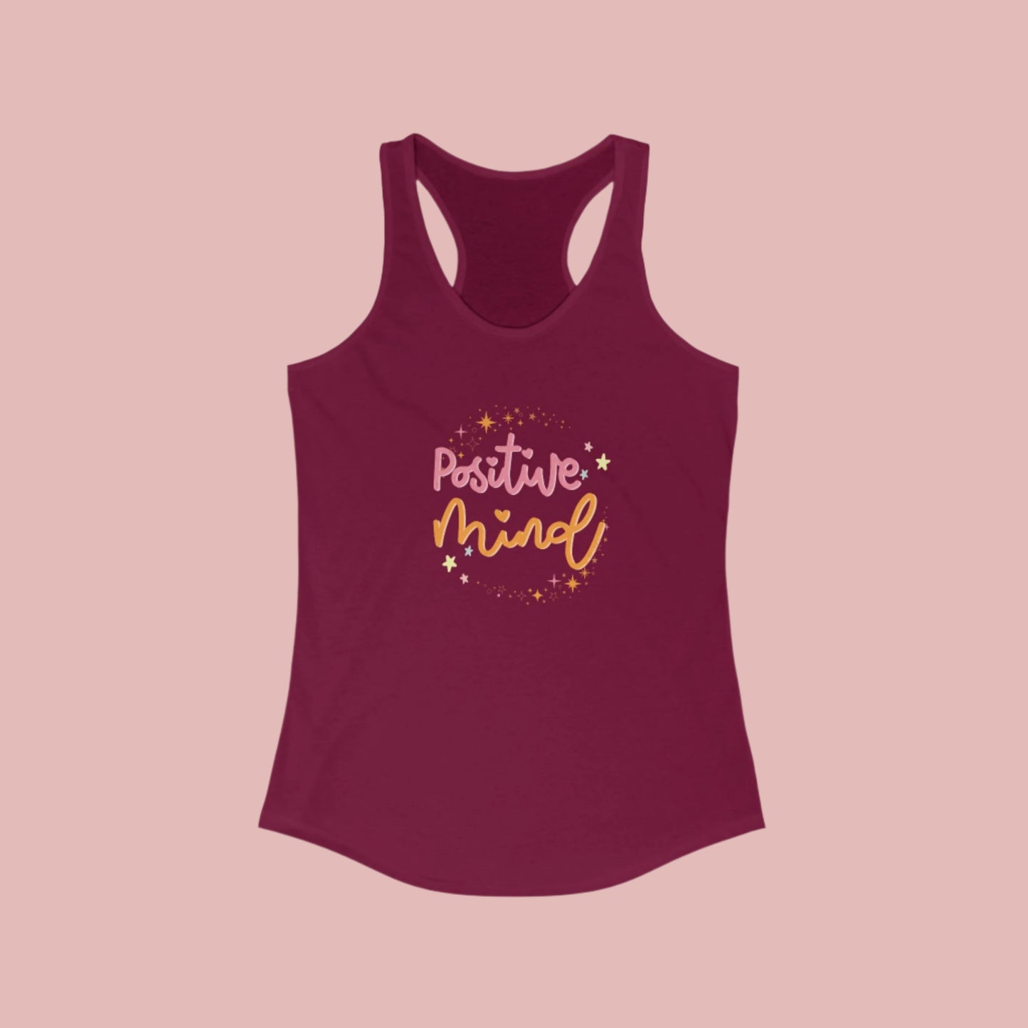 A solid cardinal red women's racerback tank top with 'Positive Mind' text printed in the center in a cursive font, surrounded by small heart shapes.