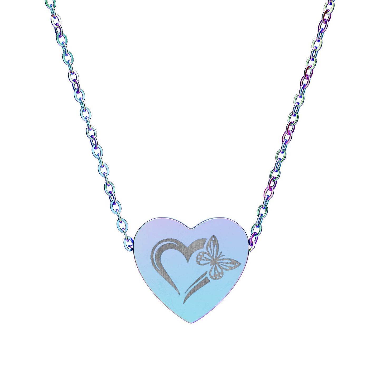 Necklace with a heart-shaped pendant featuring a butterfly design on a white background