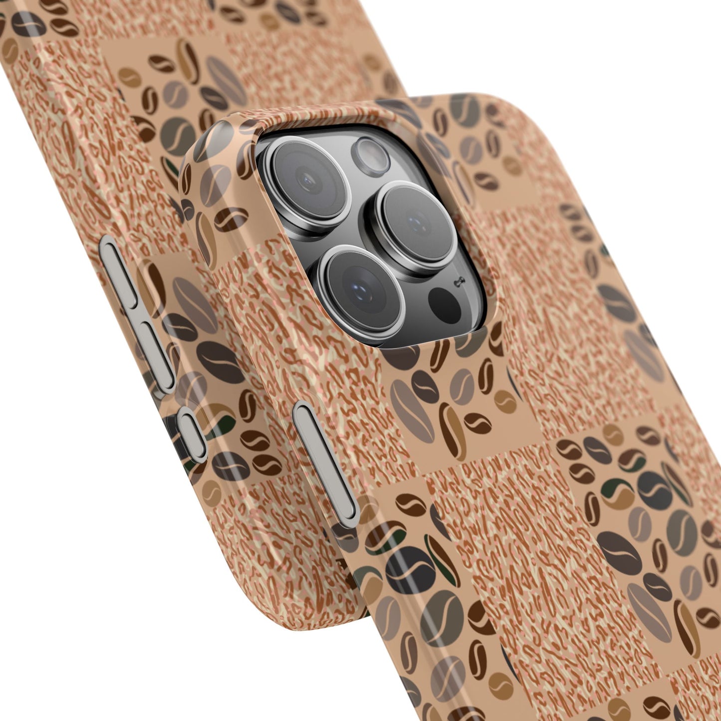 Phone case with coffee bean pattern on a plain background