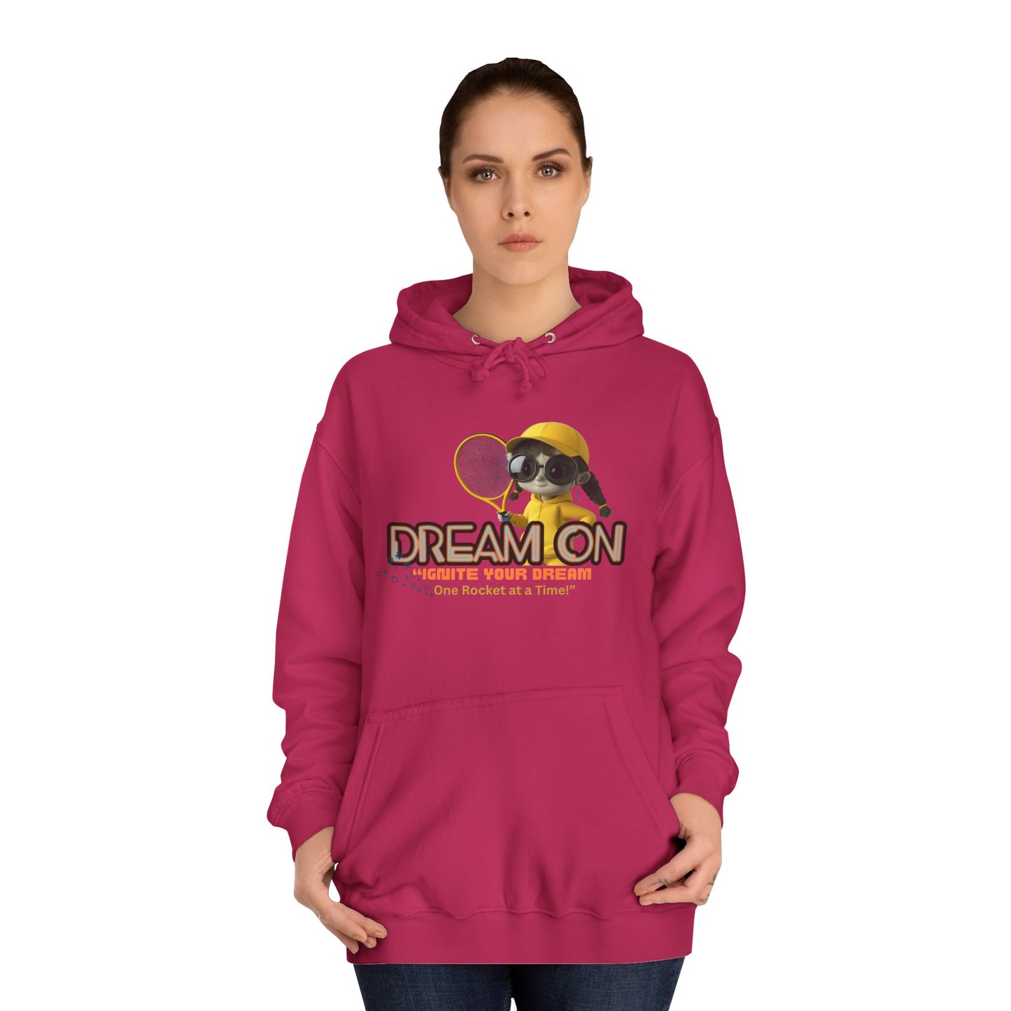 Person wearing a pink hoodie with a graphic design