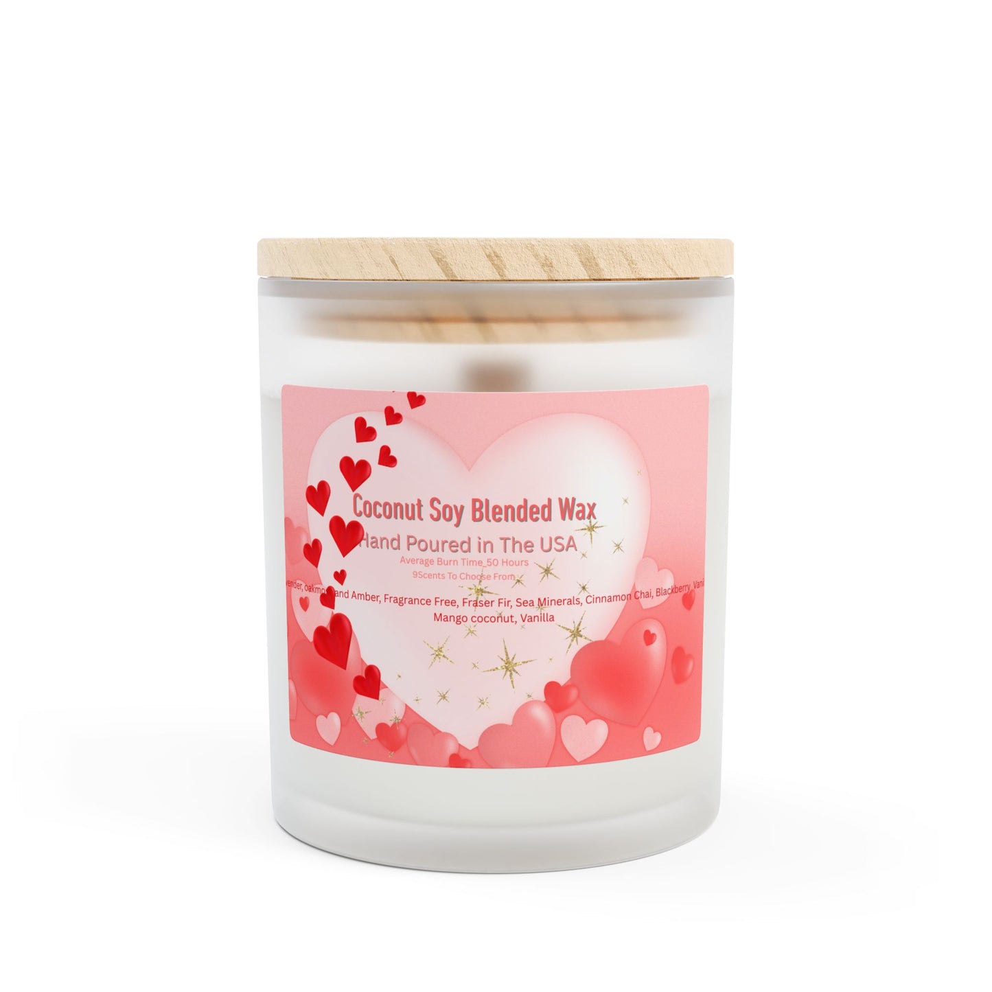 A frosted glass candle with a wooden wick and a label that includes hearts and text indicating it is made with coconut soy blended wax, hand-poured in the USA.