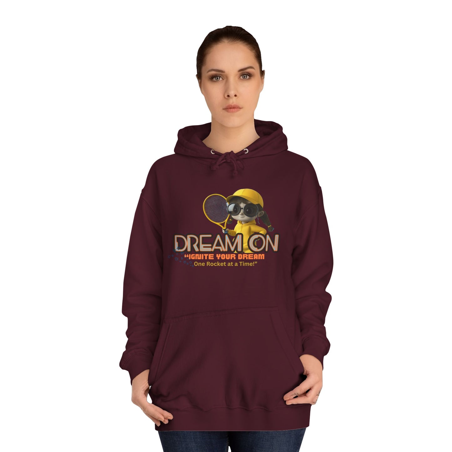 Person wearing a maroon hoodie with a graphic design on a white background