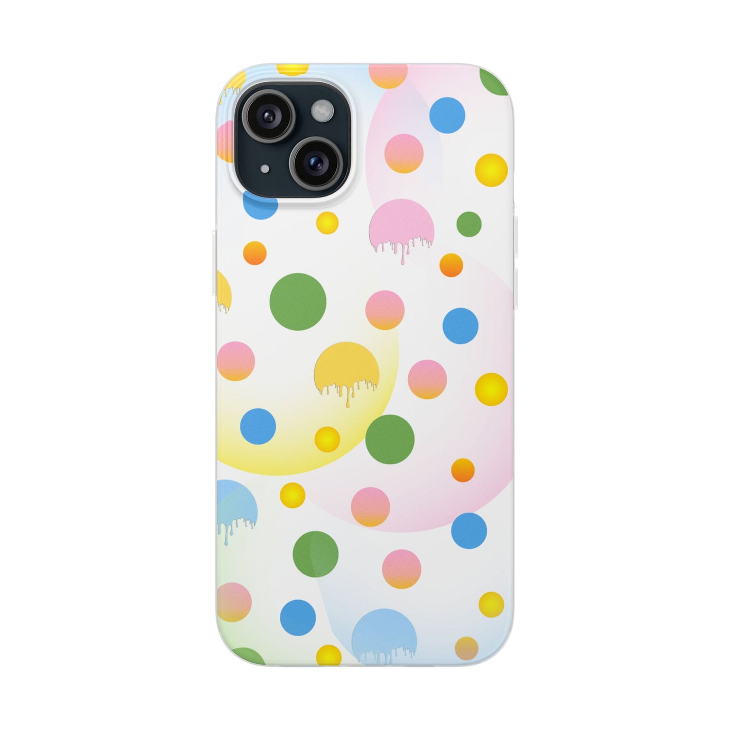 A semi-transparent matte finish mobile phone case with a multicolored dot pattern.