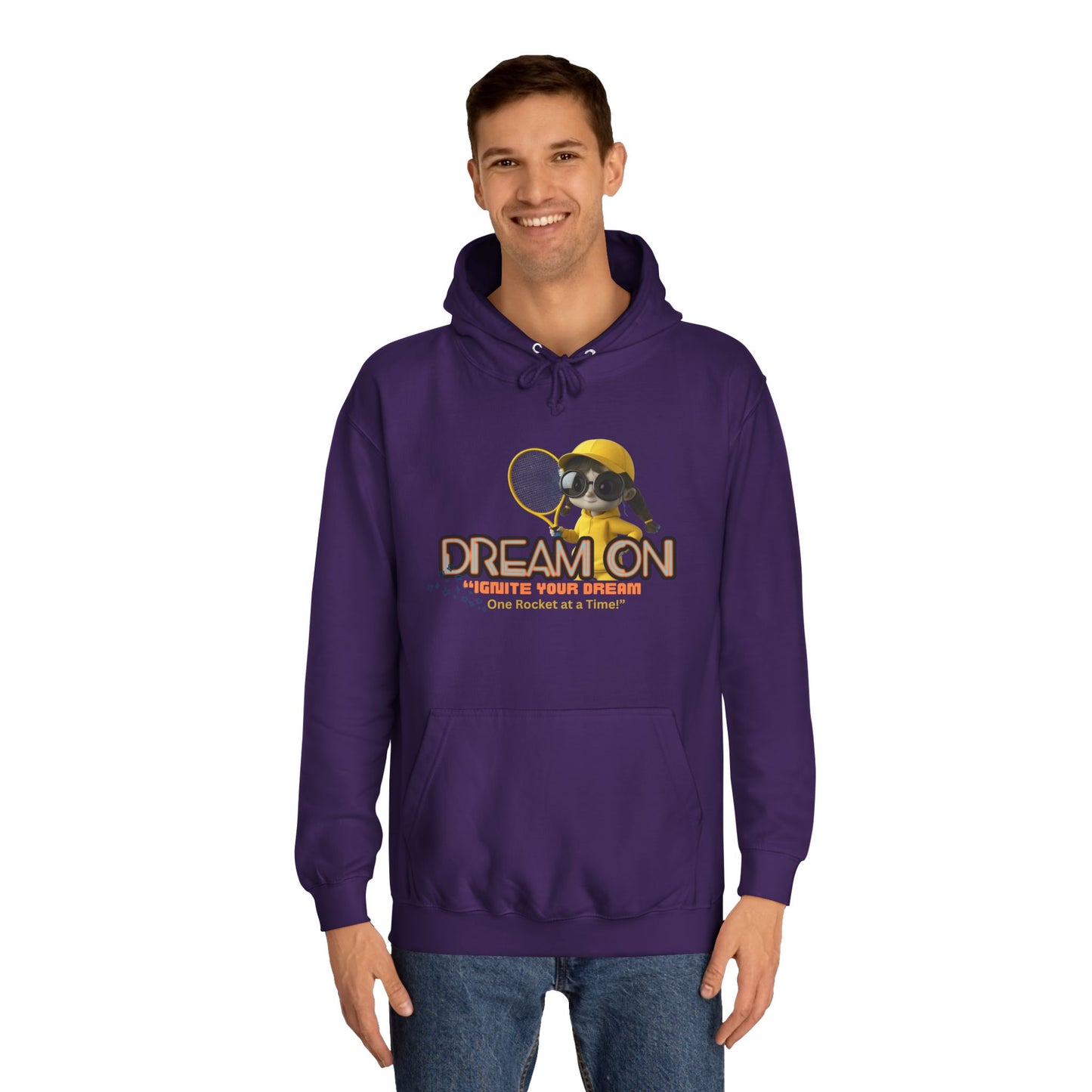Person wearing a purple hoodie with a graphic design