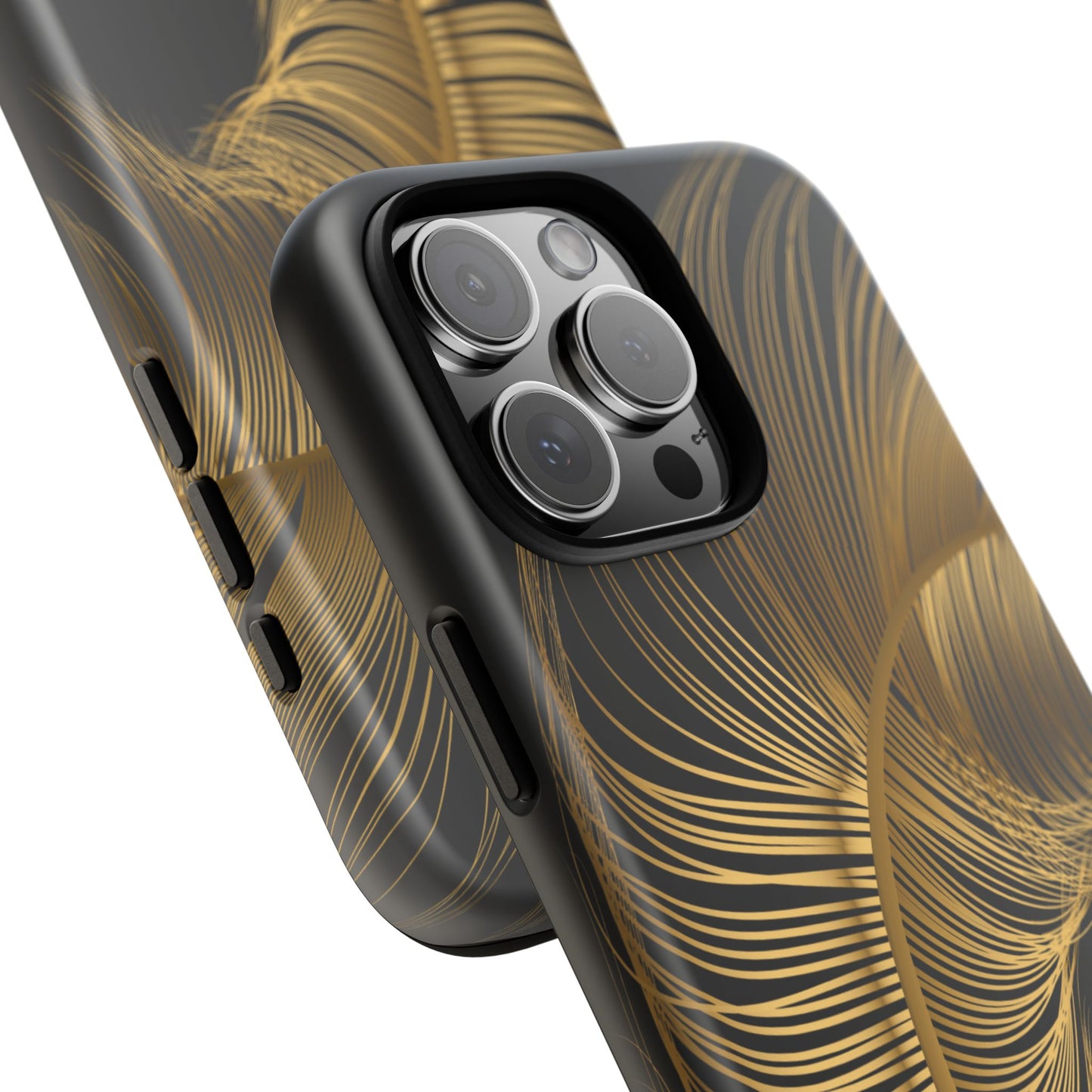 Phone case with gold feather design on black background