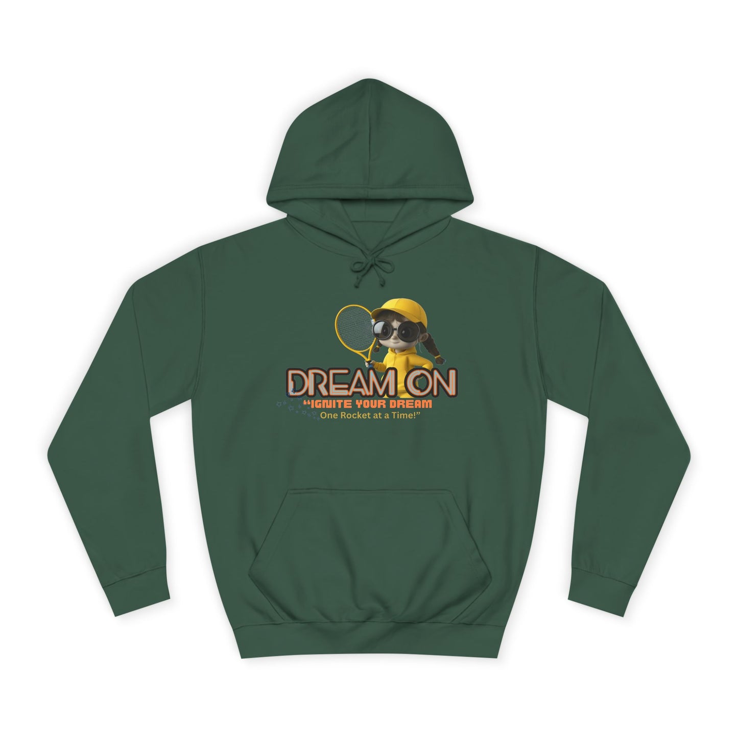 A bottle green unisex hoodie with a graphic print of a bee and the text 'DREAM ON' on the front.
