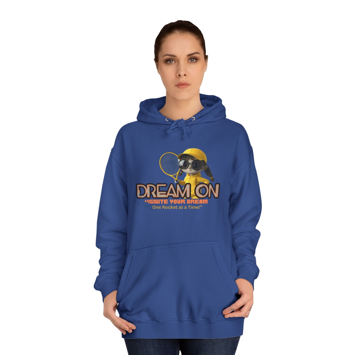 Person wearing a blue hoodie with a graphic design