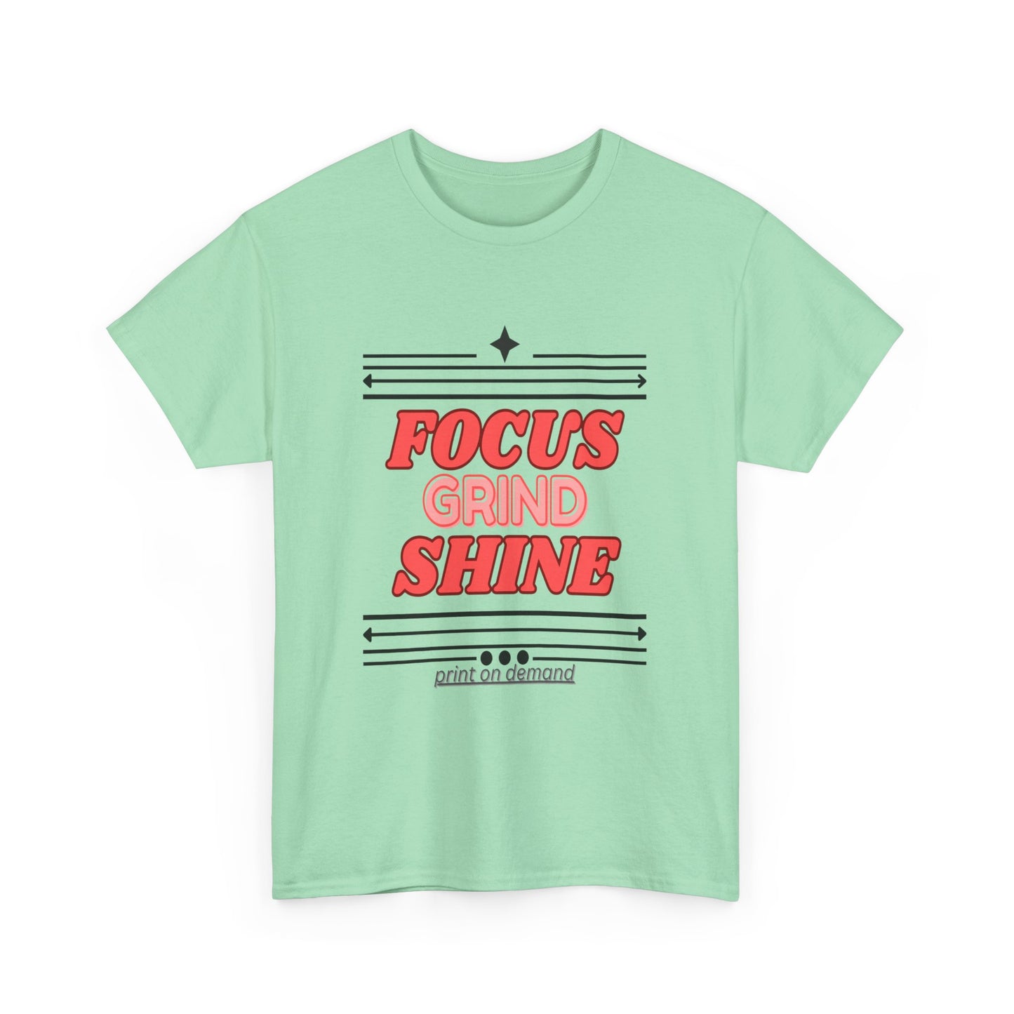 Mint green t-shirt with red and black text on a white background