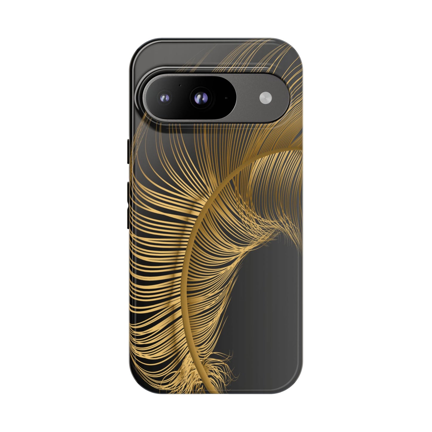 glossy black google pixel 9 case with golden feather design- elegant and protetive