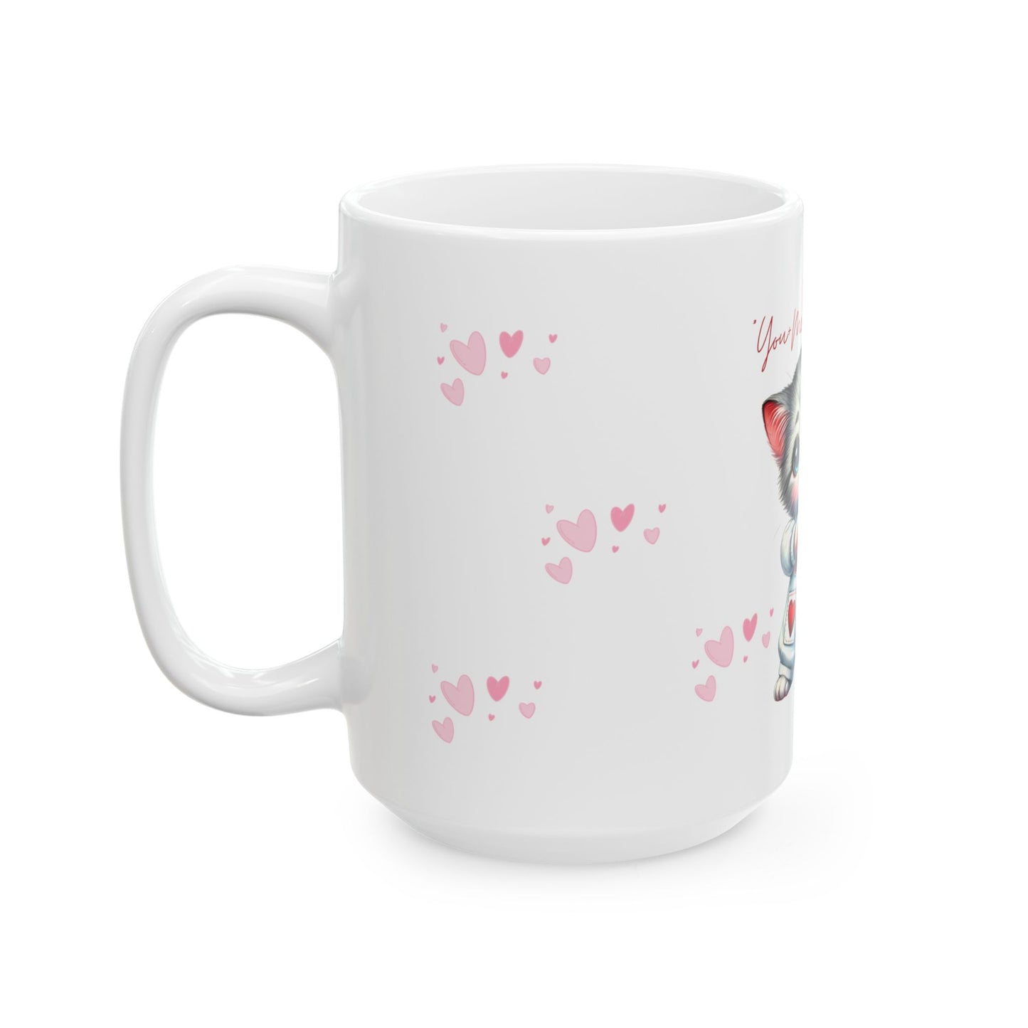 White mug with pink heart patterns on a white background