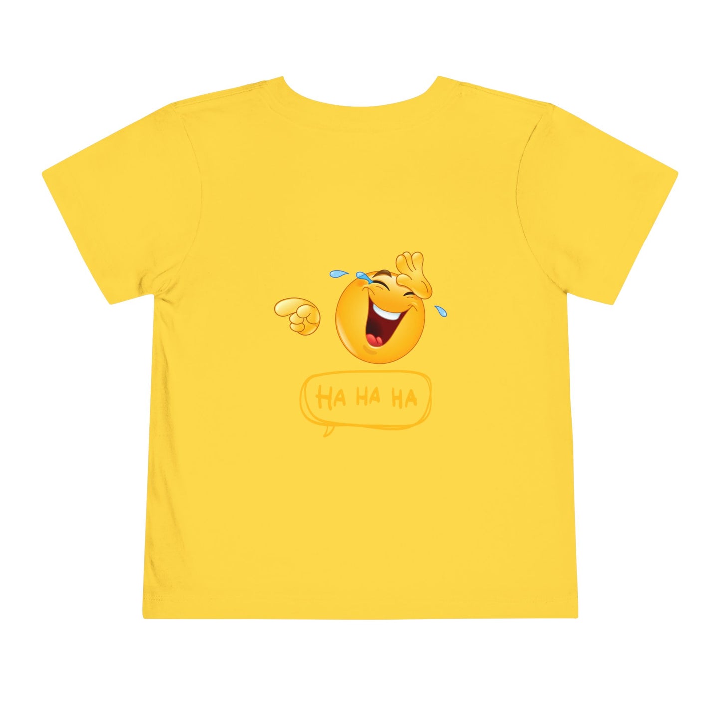 Yellow t-shirt with a laughing emoji and 'HA HA HA' text on a white background