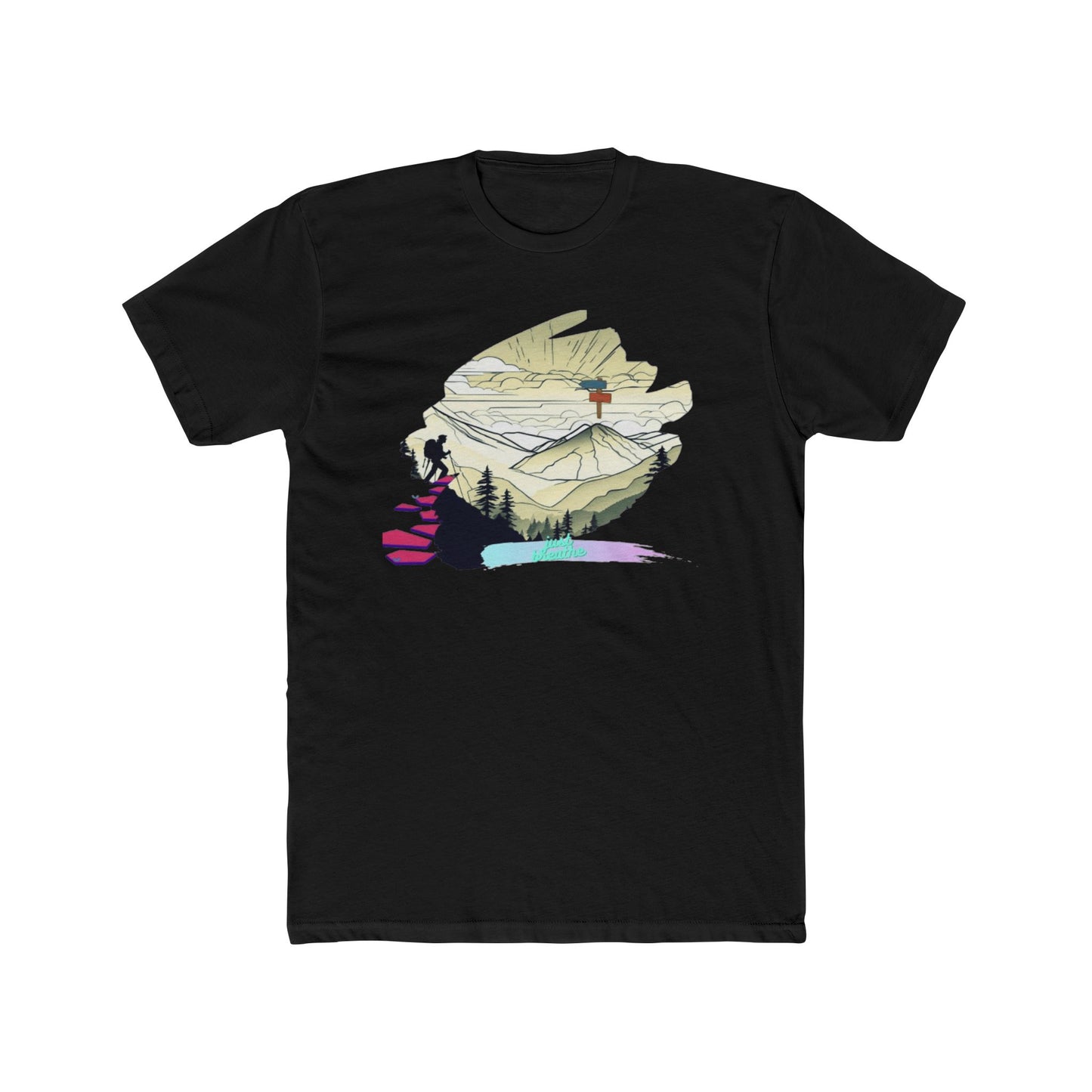 Black t-shirt with colorful abstract mountain design on a white background