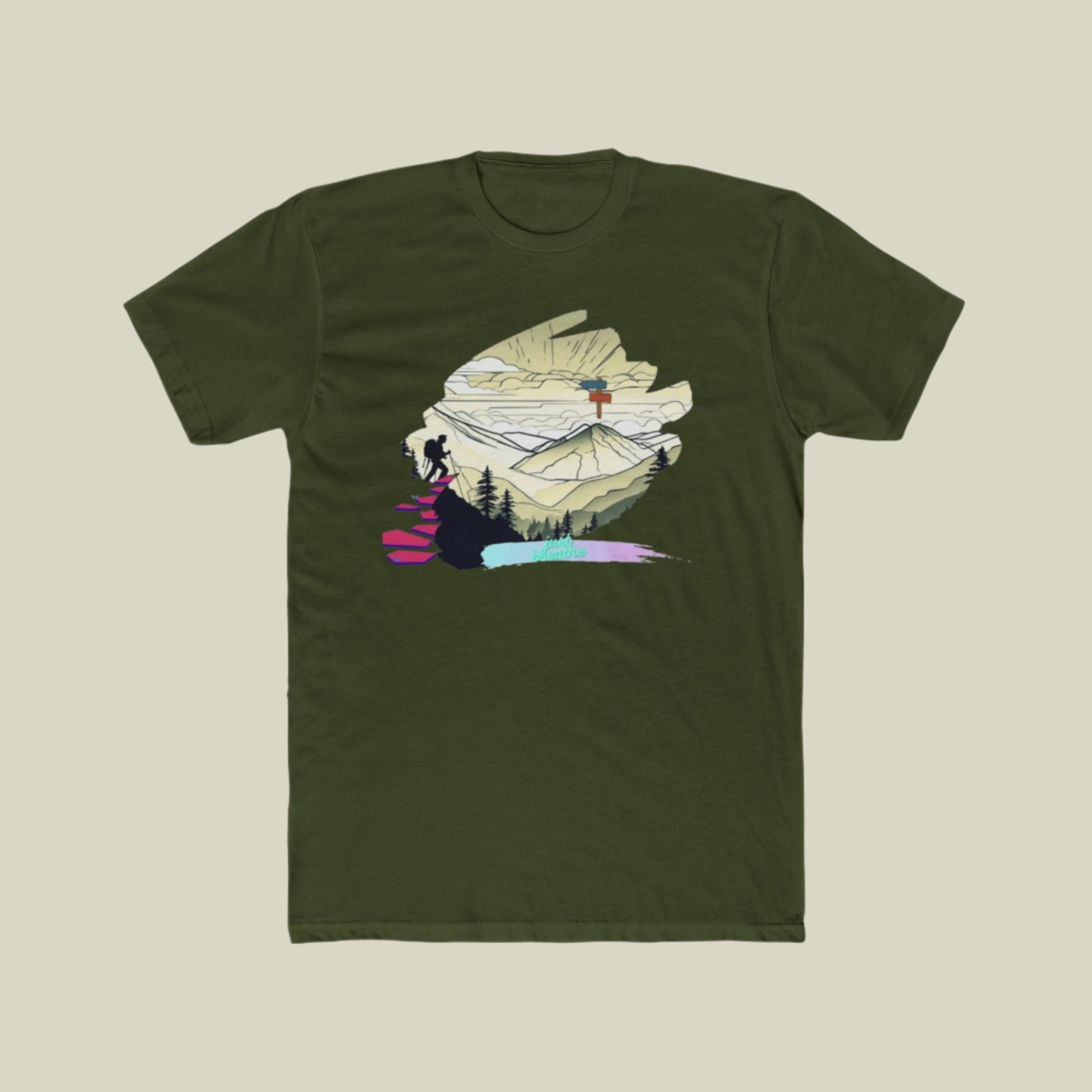 unisex solid Green t-shirt with mountain and character graphic on off white background
