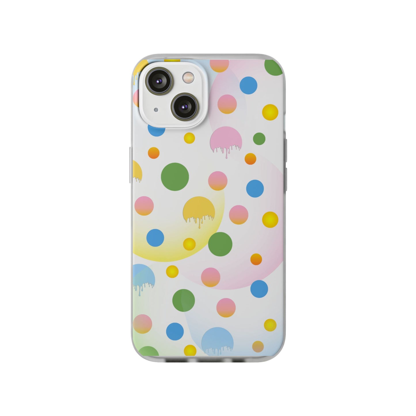 A semi-transparent matte finish mobile phone case with a multicolored dot pattern.