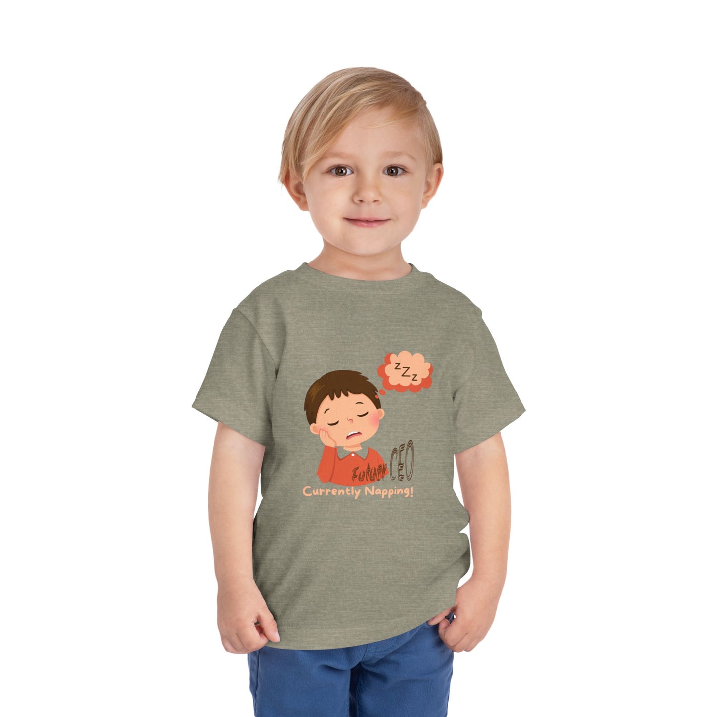 Child wearing a gray t-shirt with a cartoon design on a white background