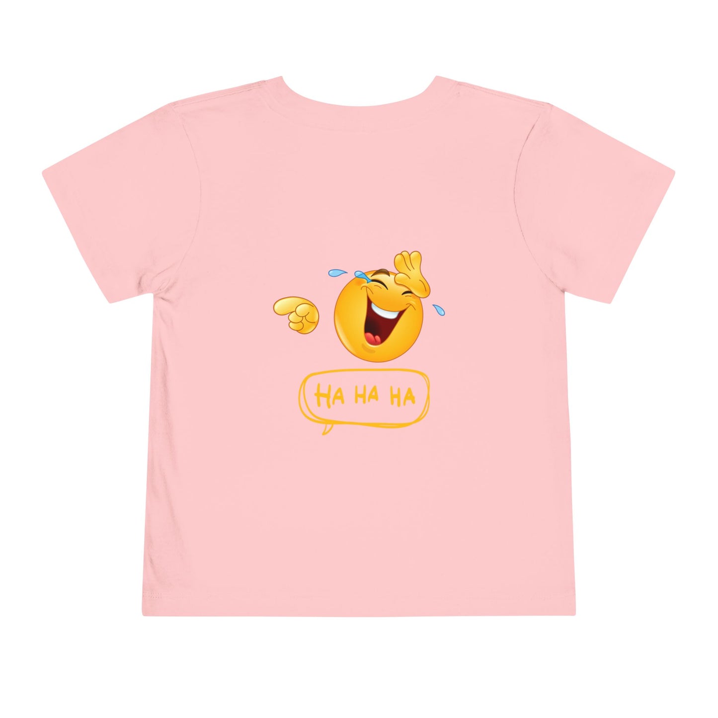 Pink t-shirt with a laughing emoji design on a white background