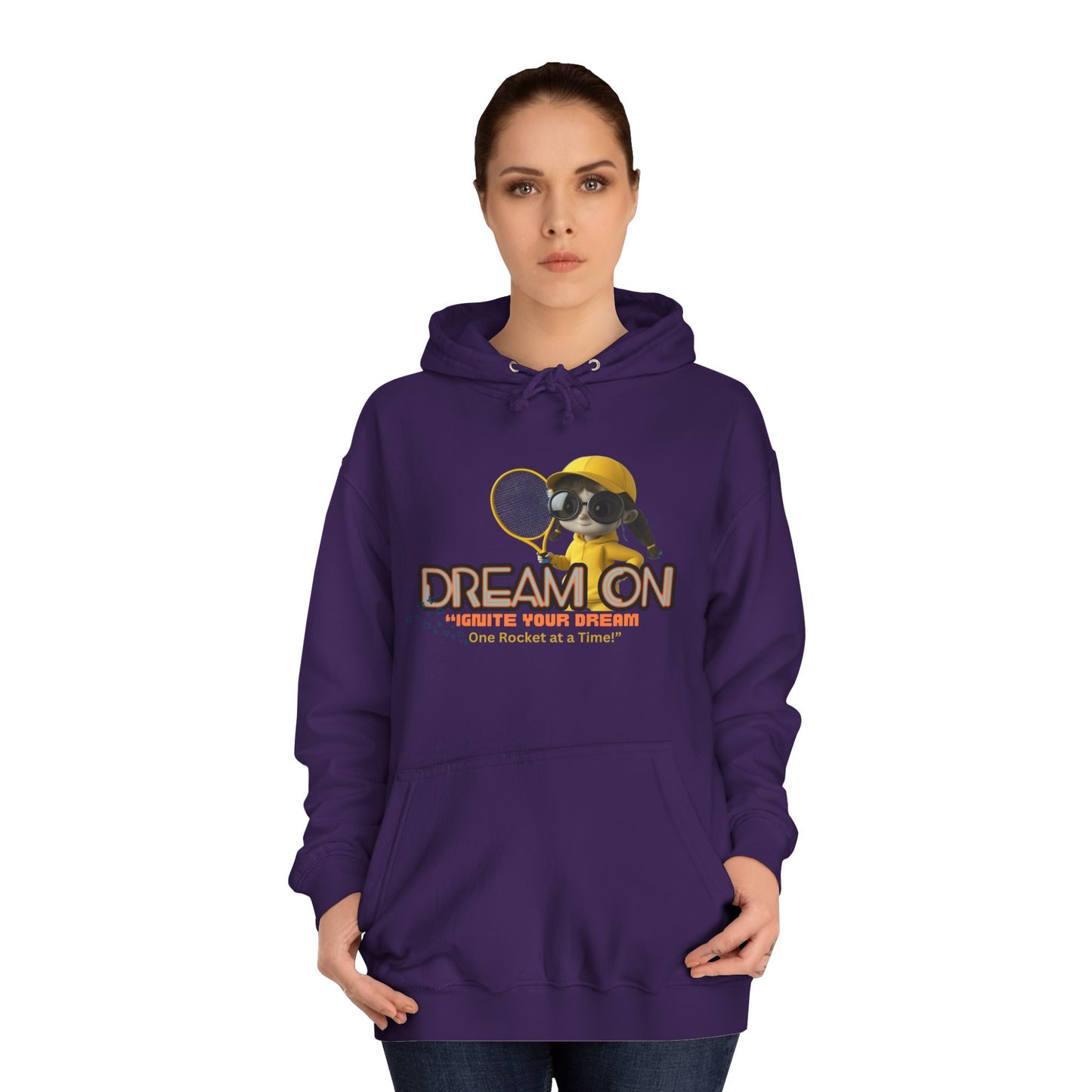 Person wearing a purple hoodie with a graphic design on a white background