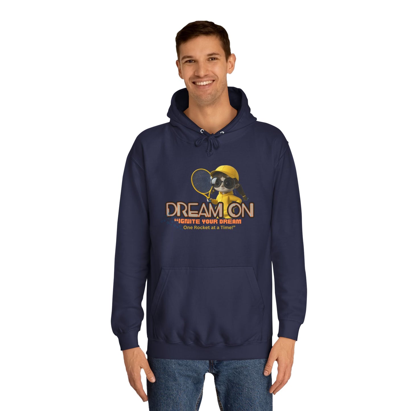 Person wearing a navy hoodie with a graphic design on a white background