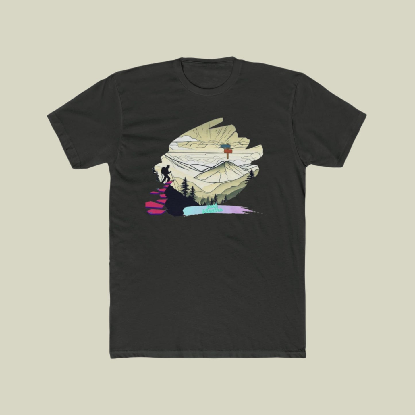 Unisex model wearing black color with mountain and tree graphic cotton crew neck t-shirt