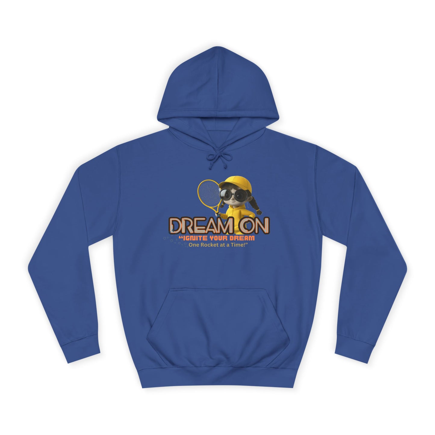 A royal blue unisex hoodie with a graphic print of a bee and the text 'DREAM ON' on the front.