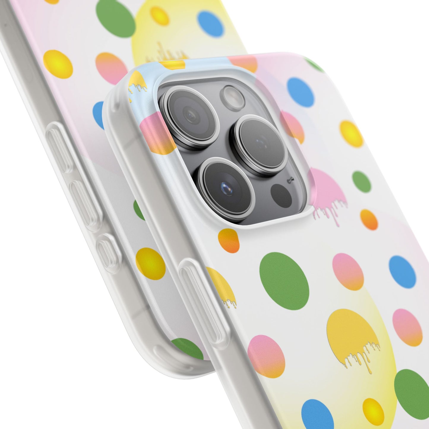 Phone case with colorful polka dot pattern on a white background