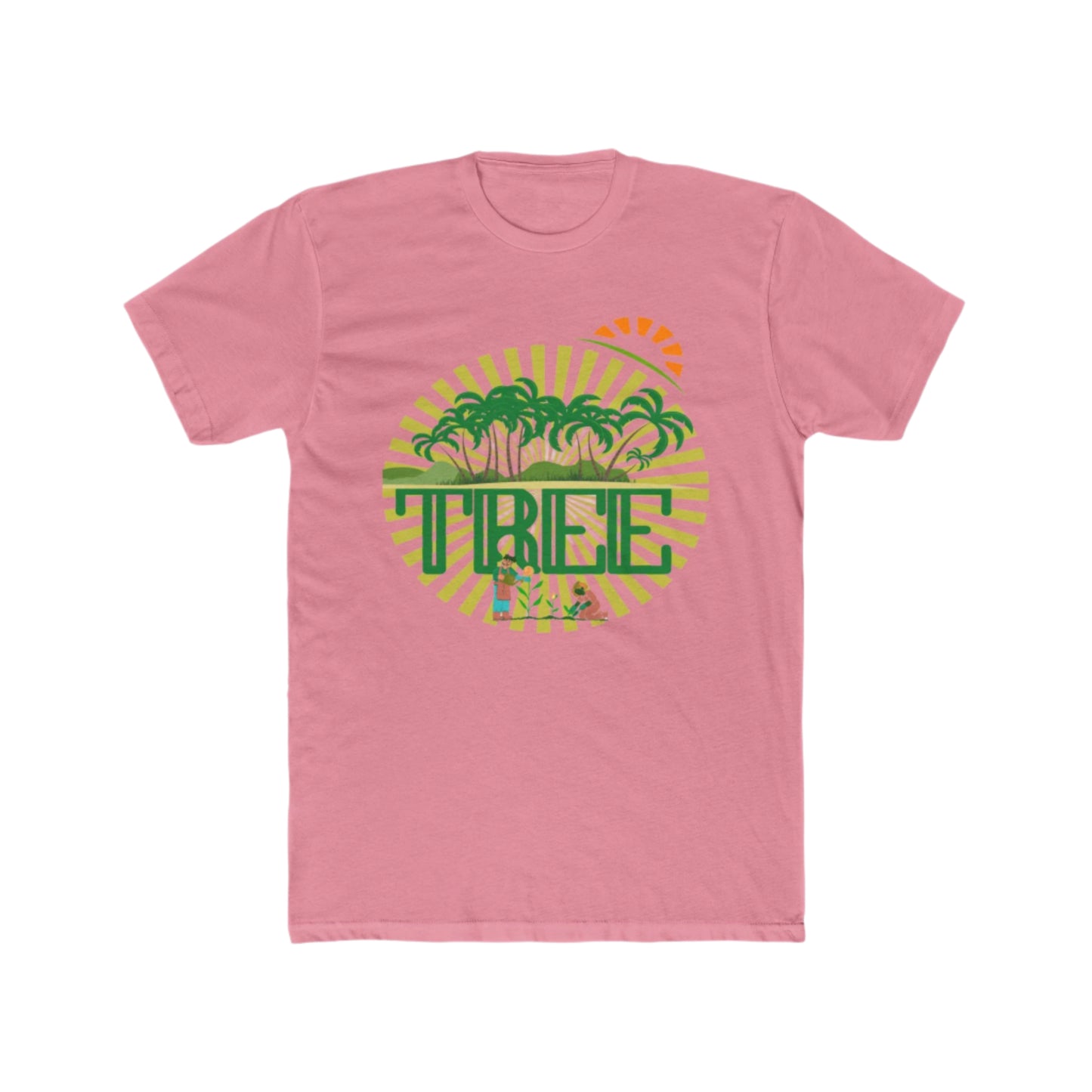 solid light Pink t-shirt with a 'Tree' graphic design on a white background