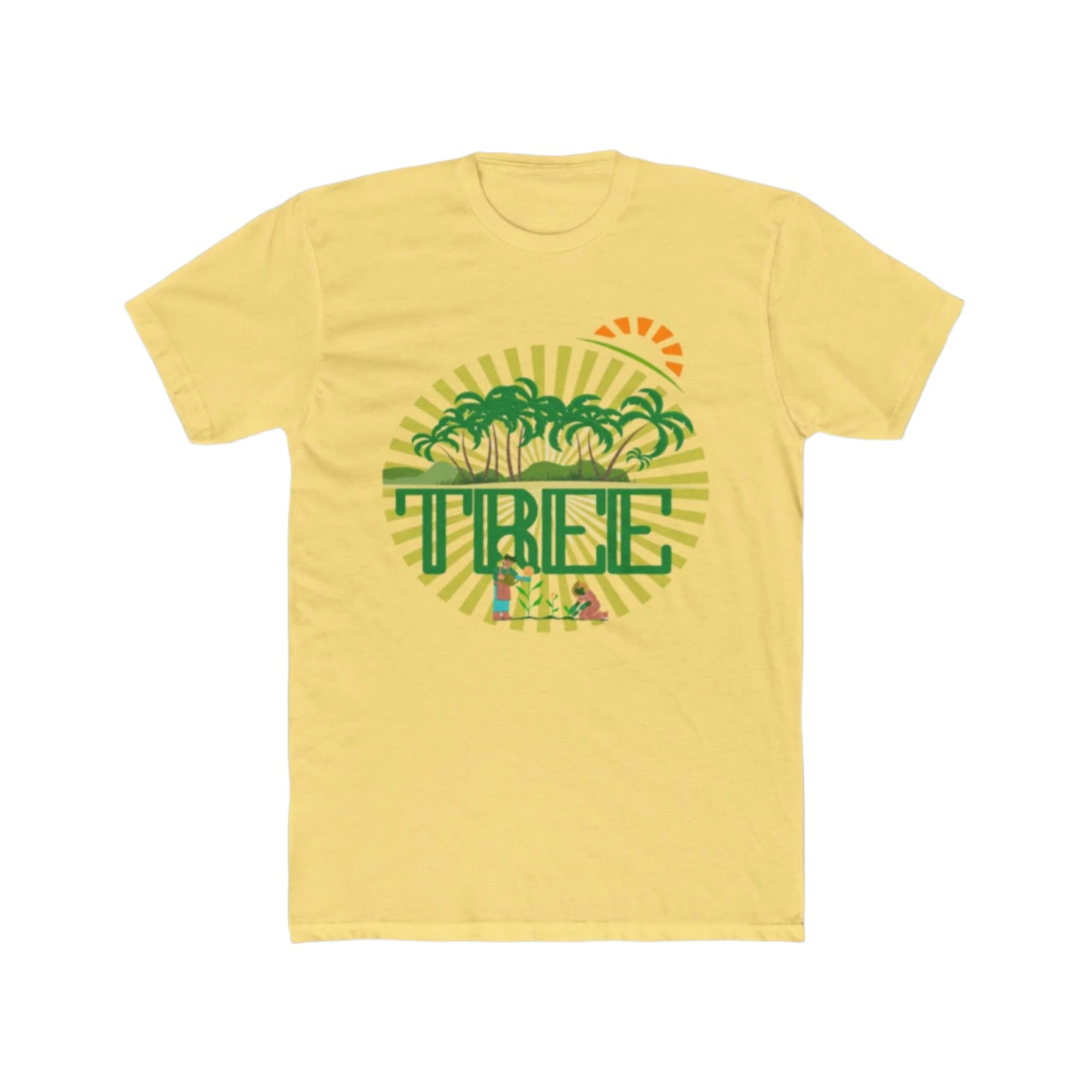 A solid banana cream unisex cotton crew tee with a graphic print in the center that includes green palm trees and the word 'PINE'.