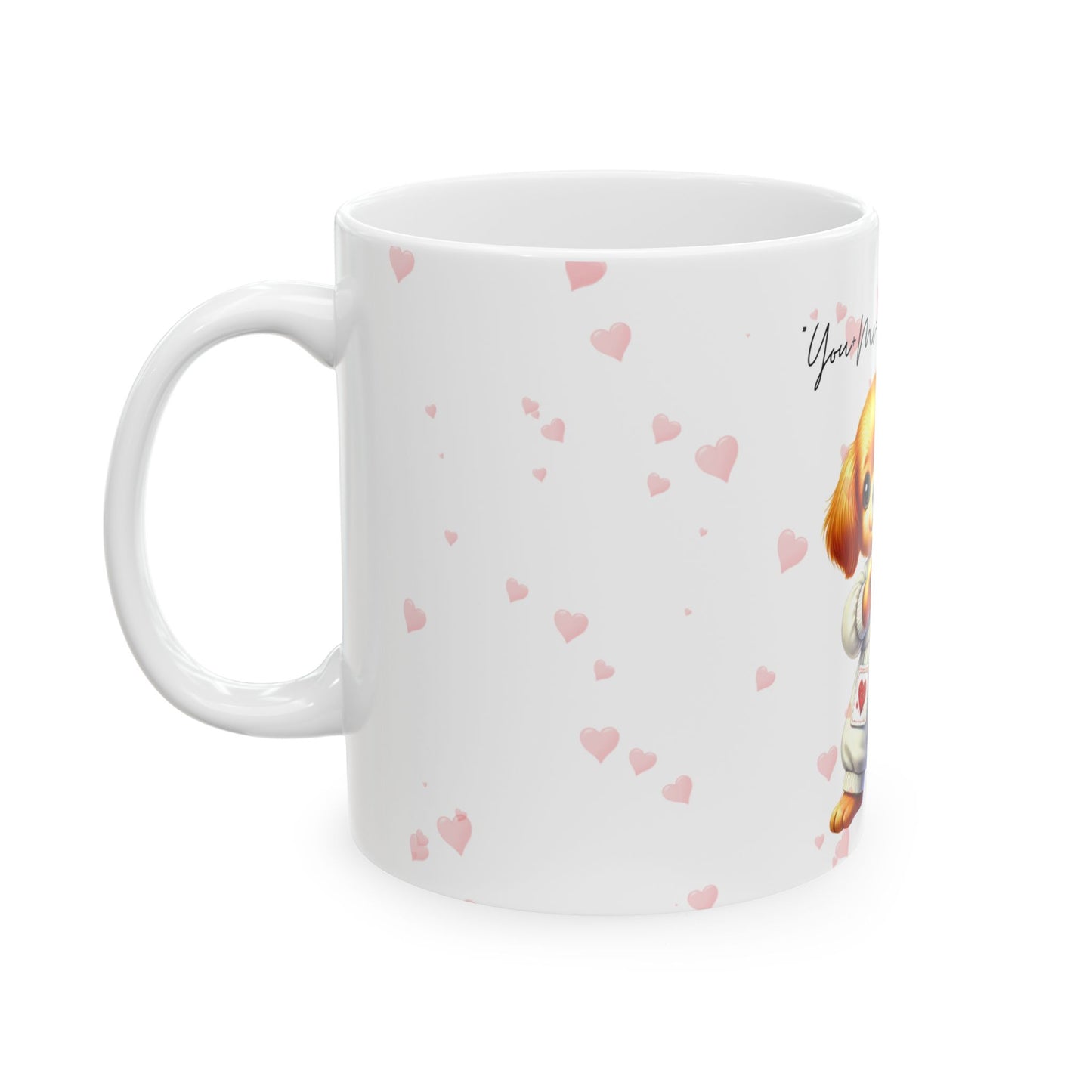 White mug with pink heart patterns on a white background