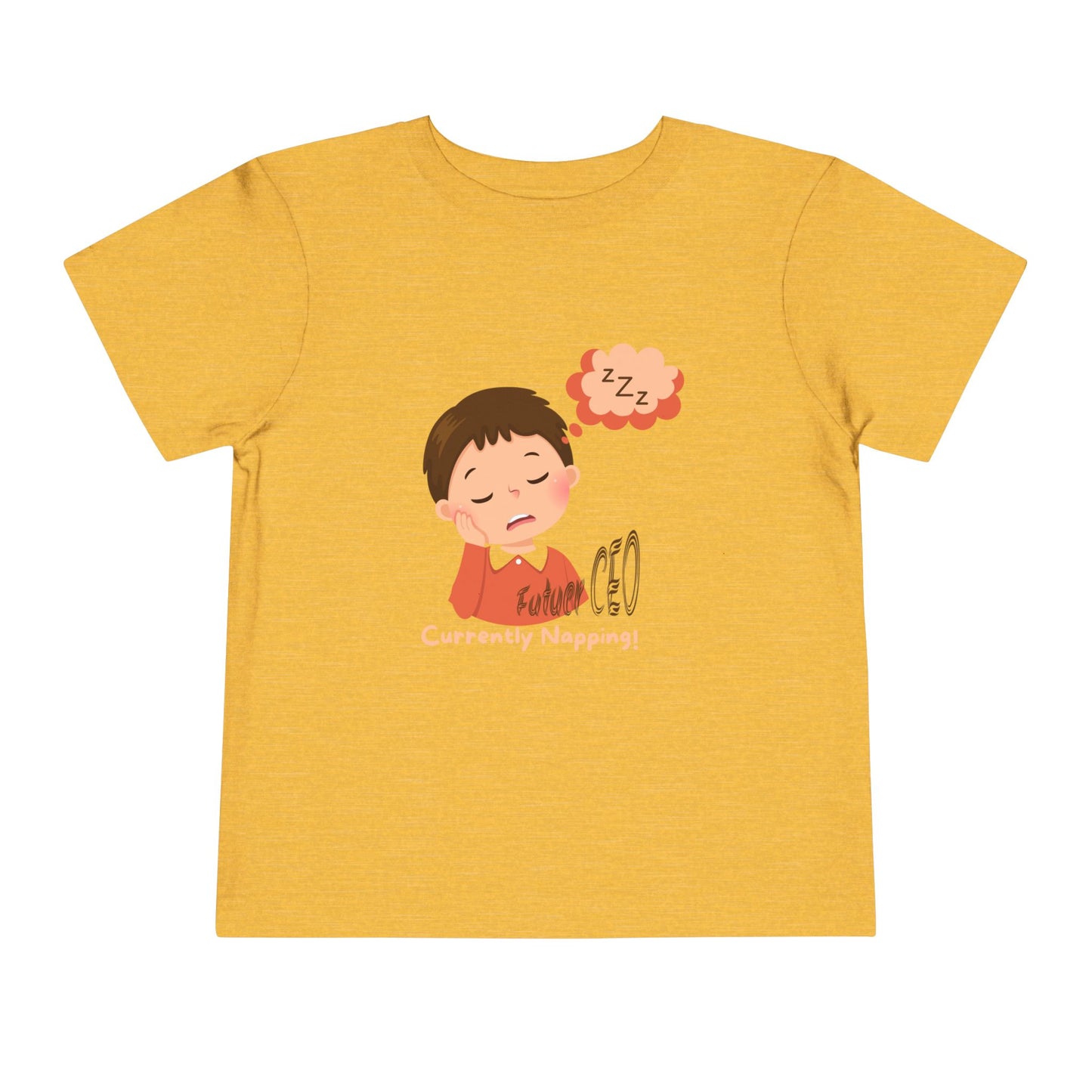 Toddler short sleeve t-shirt with sleeping child illustration and “Future CEO, Currently Napping” text