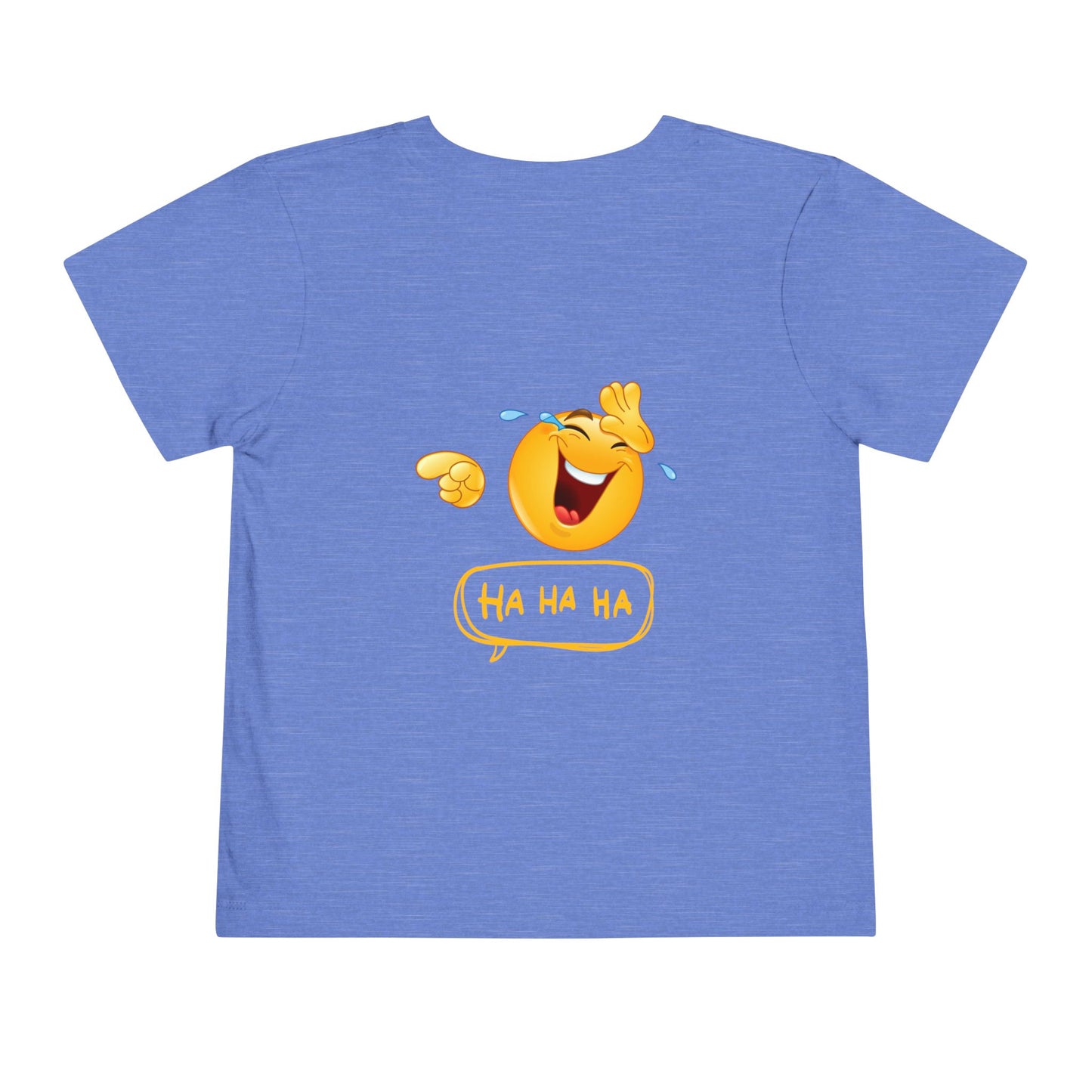 Blue t-shirt with a laughing emoji design on a white background