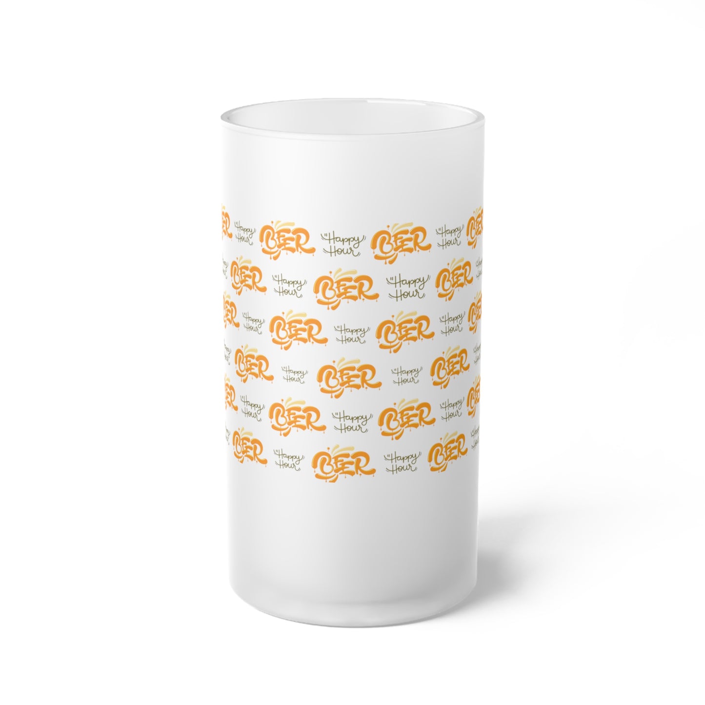 Frosted beer glass with "Happy Hour" text – stylish drinkware for chilled beverages.