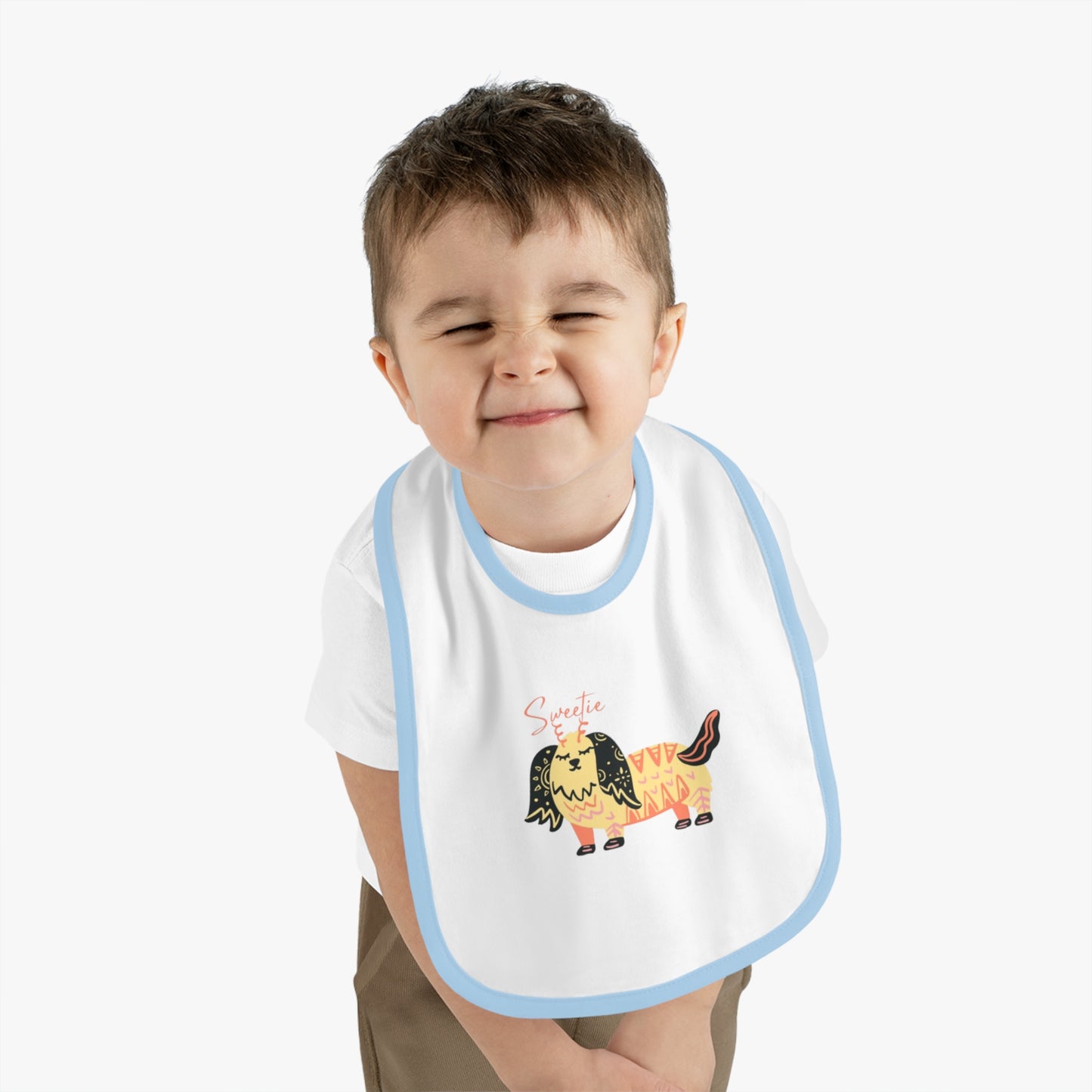 “Sweetie Dog Print Jersey Baby Bib – Soft & Adorable Mealtime Essential”