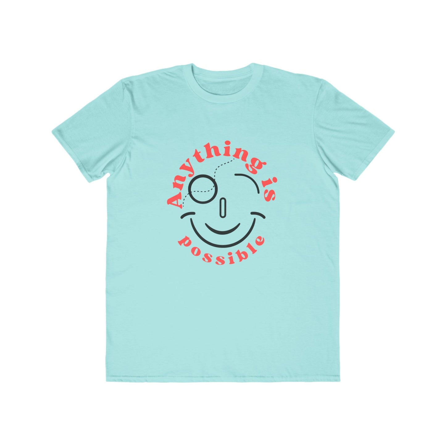 Teal ice t-shirt with a smiley face and 'Anything is possible' text on a white background