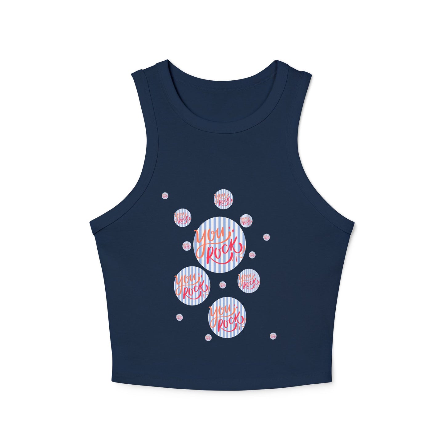 women's micro rib racer back top with the phrase you rock printed in bold and stylish font on the front