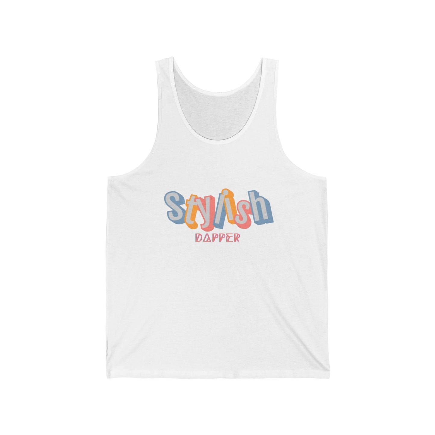 White Unisex jersey tank with “Stylish Dapper” text on front