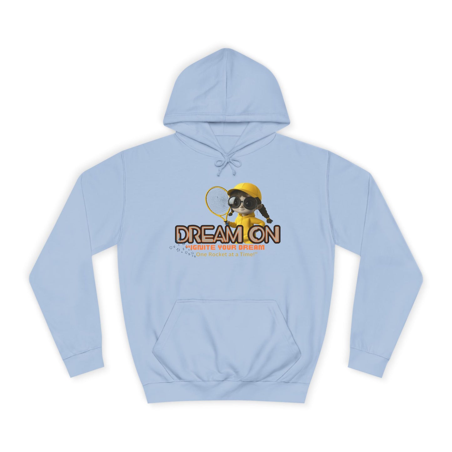 A sky blue unisex hoodie with a graphic print of a bee and the text 'DREAM ON' on the front.