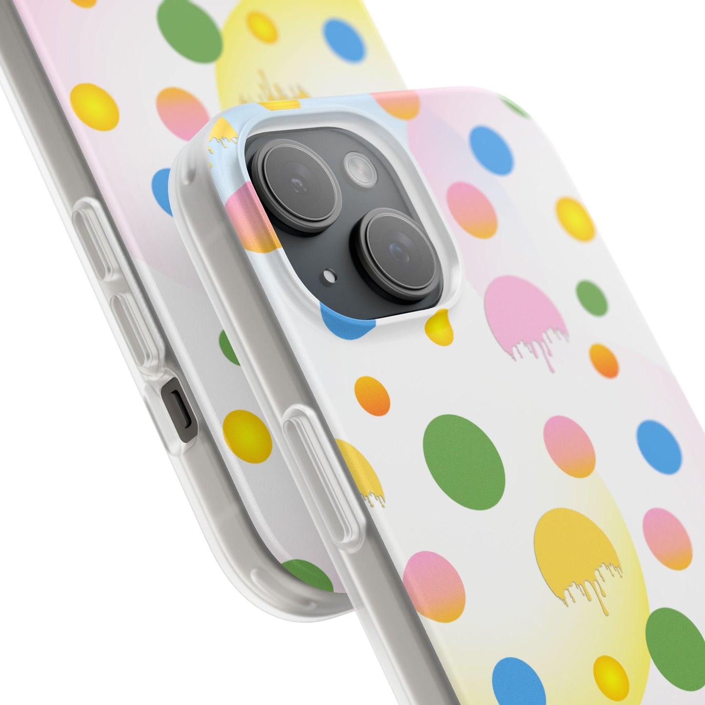 Phone case with colorful polka dot pattern on a white background