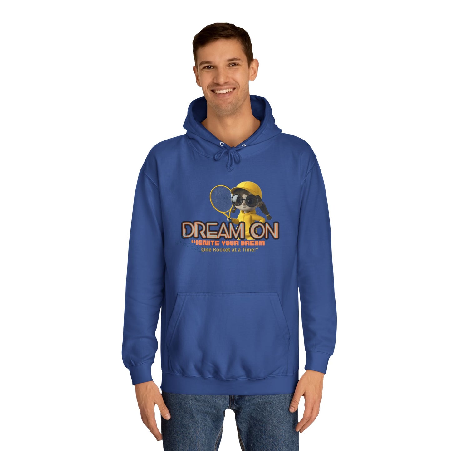 Person wearing a blue hoodie with a graphic design