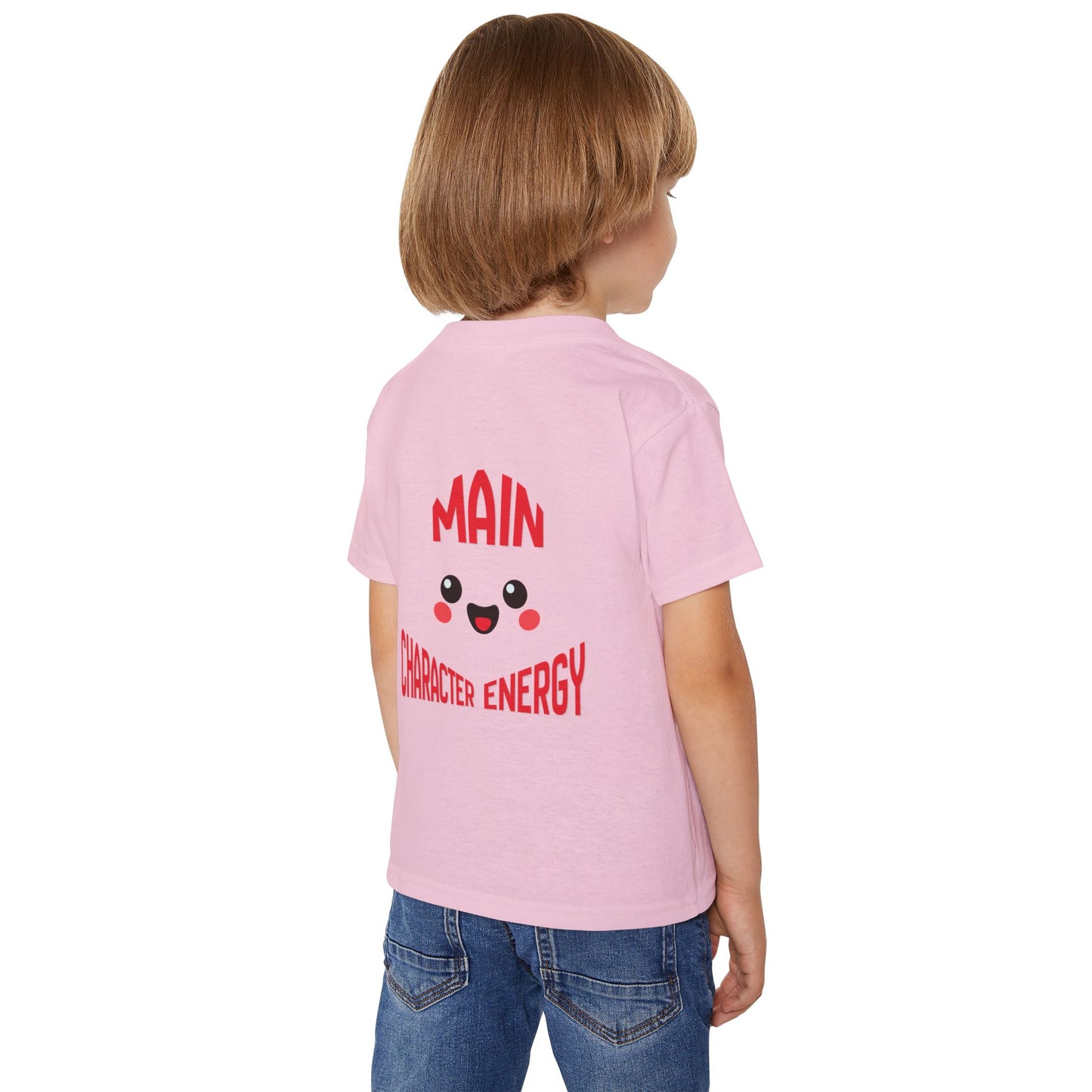 Kawaii smiley face with curved text Main Character Energy on the back of a baby t-shirt."