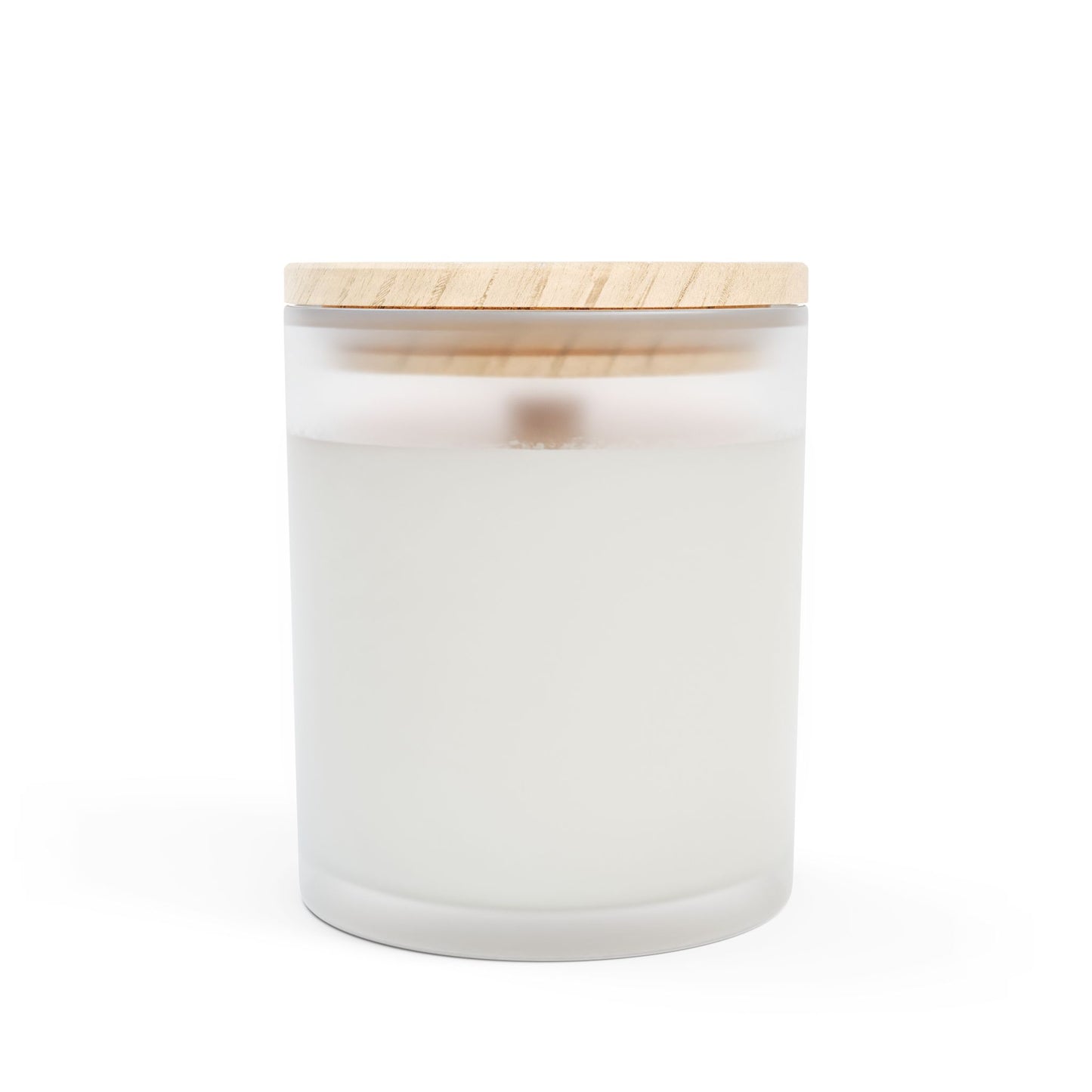 A frosted glass candle with a wooden wick and a label that includes hearts and text indicating it is made with coconut soy blended wax, hand-poured in the USA.