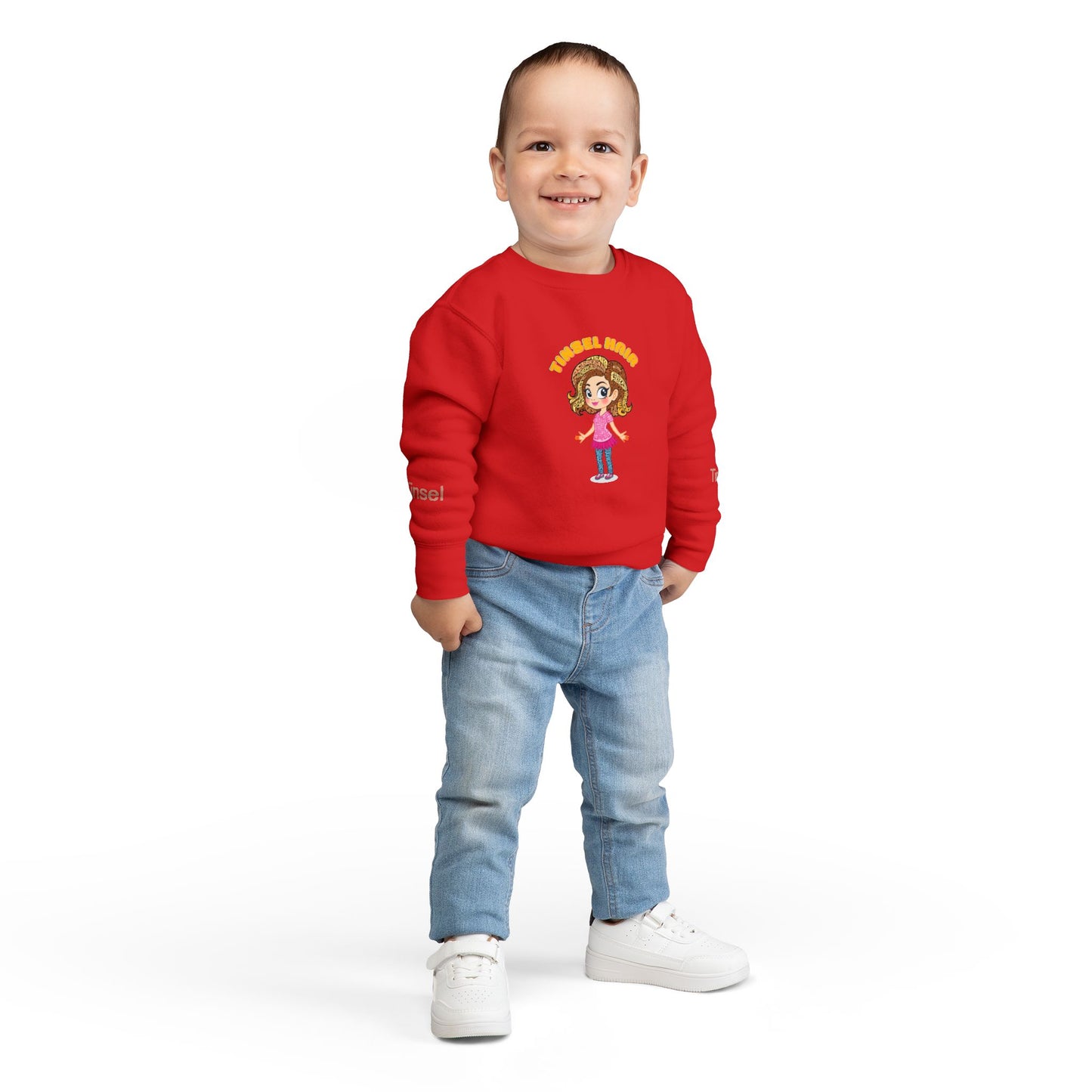 Child wearing a red sweatshirt with a graphic design on a white background
