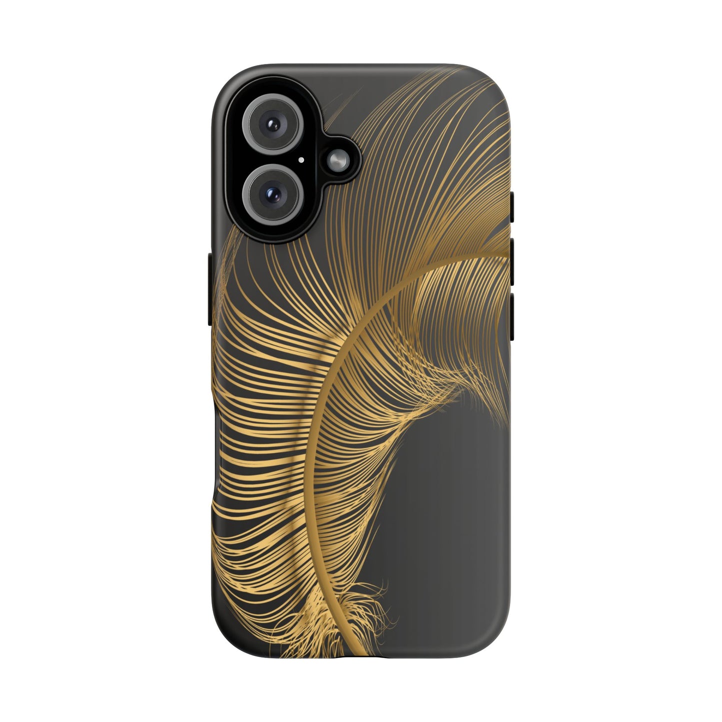 matte black i phone 16 case with golden feather design-elegant and protective