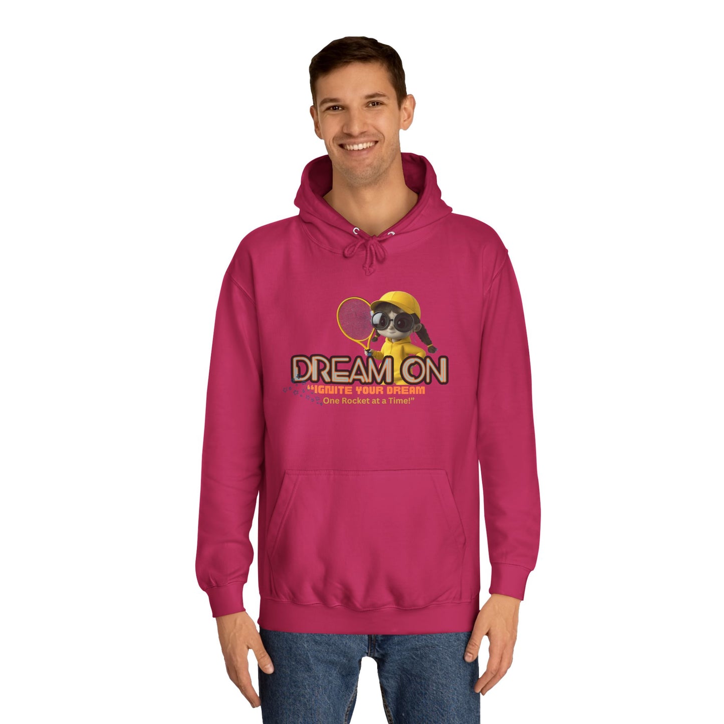 Person wearing a pink hoodie with a graphic design on a white background