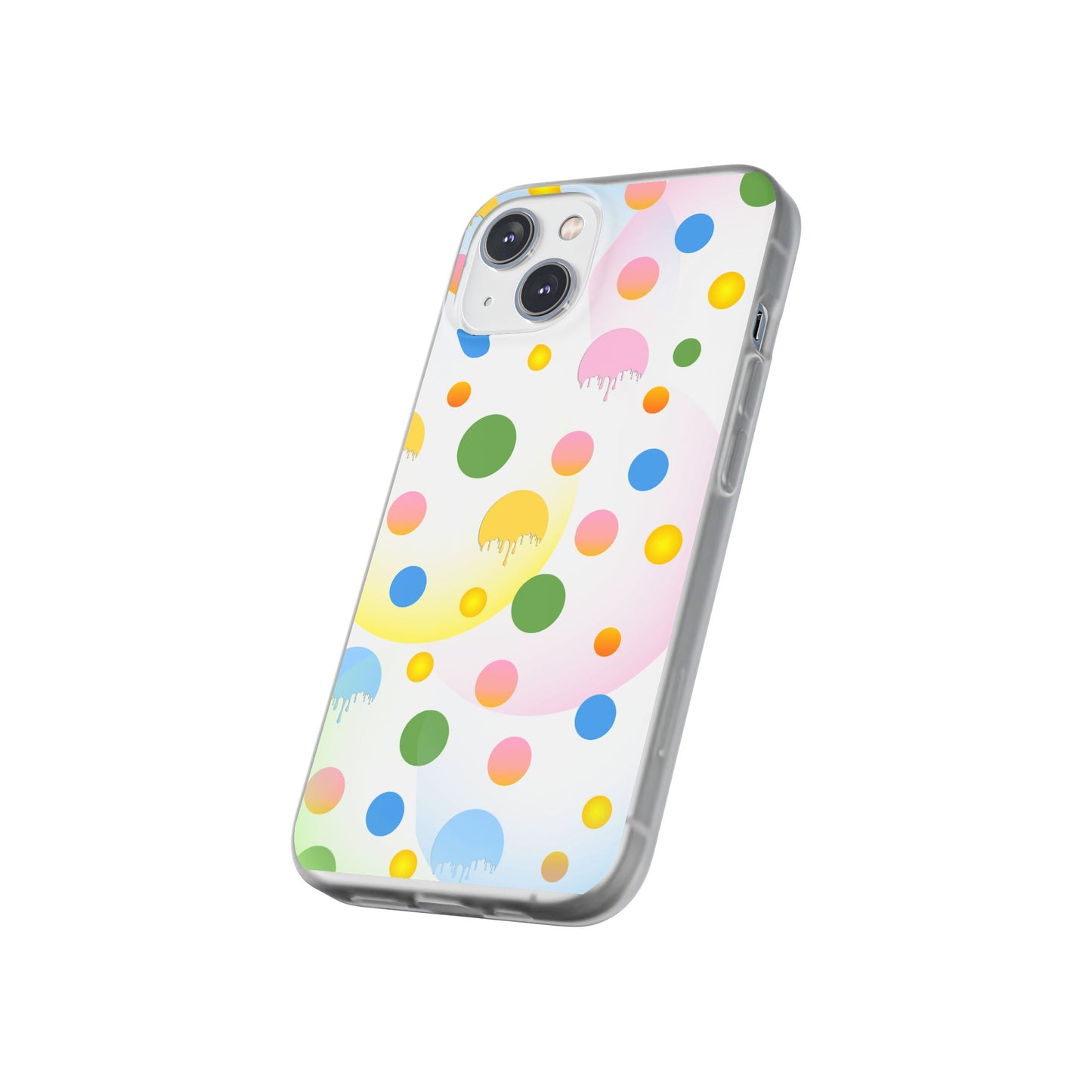 Phone case with colorful polka dot design on a white background