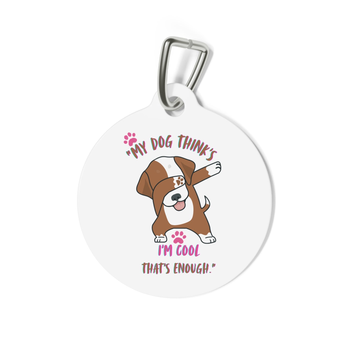 Pet tag with cartoon dog and text on a white background