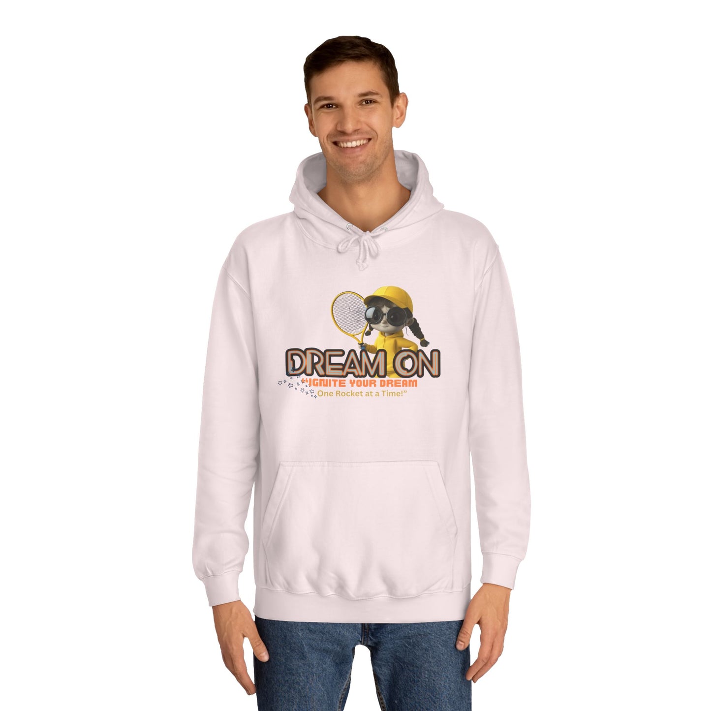 Person wearing a light pink hoodie with a graphic design on a white background