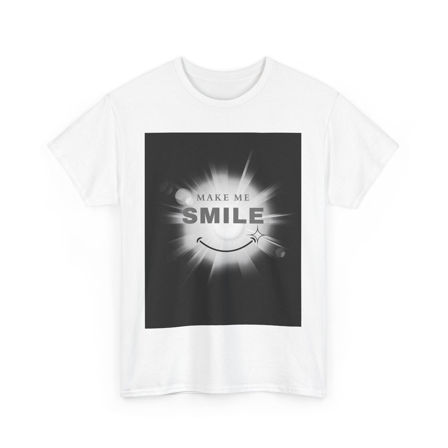 White t-shirt with black and white graphic design on a white background