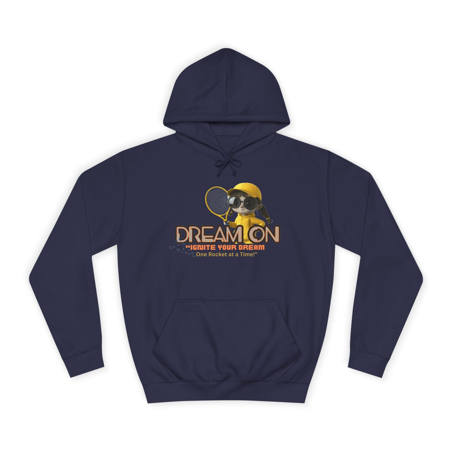 A Oxford navy unisex hoodie with a graphic print of a bee and the text 'DREAM ON' on the front