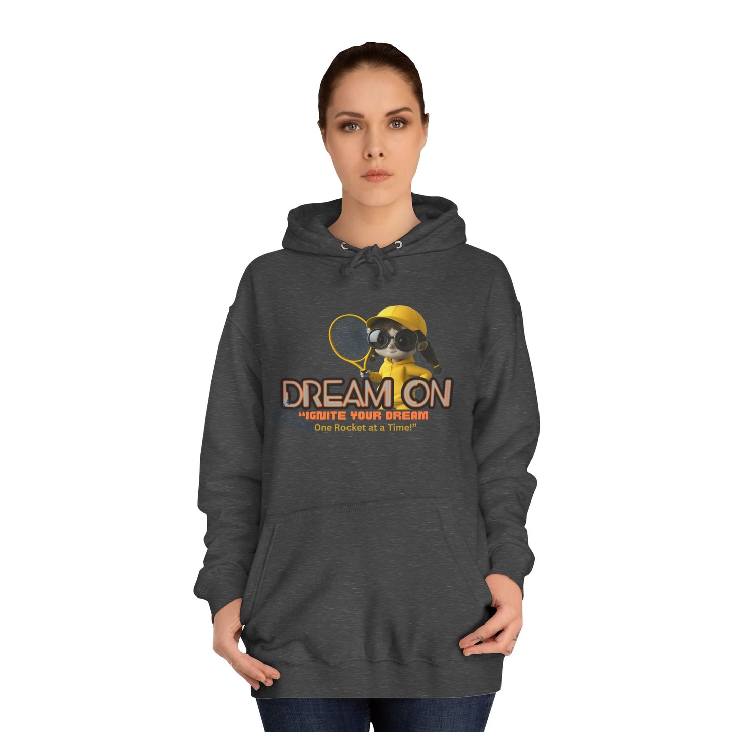 Person wearing a dark gray hoodie with a graphic design