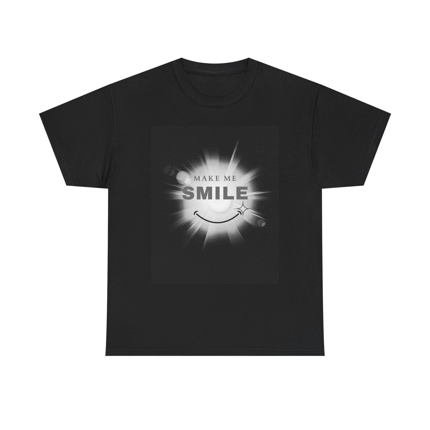 Black t-shirt with 'Make me smile' text and smiley face design on a white background